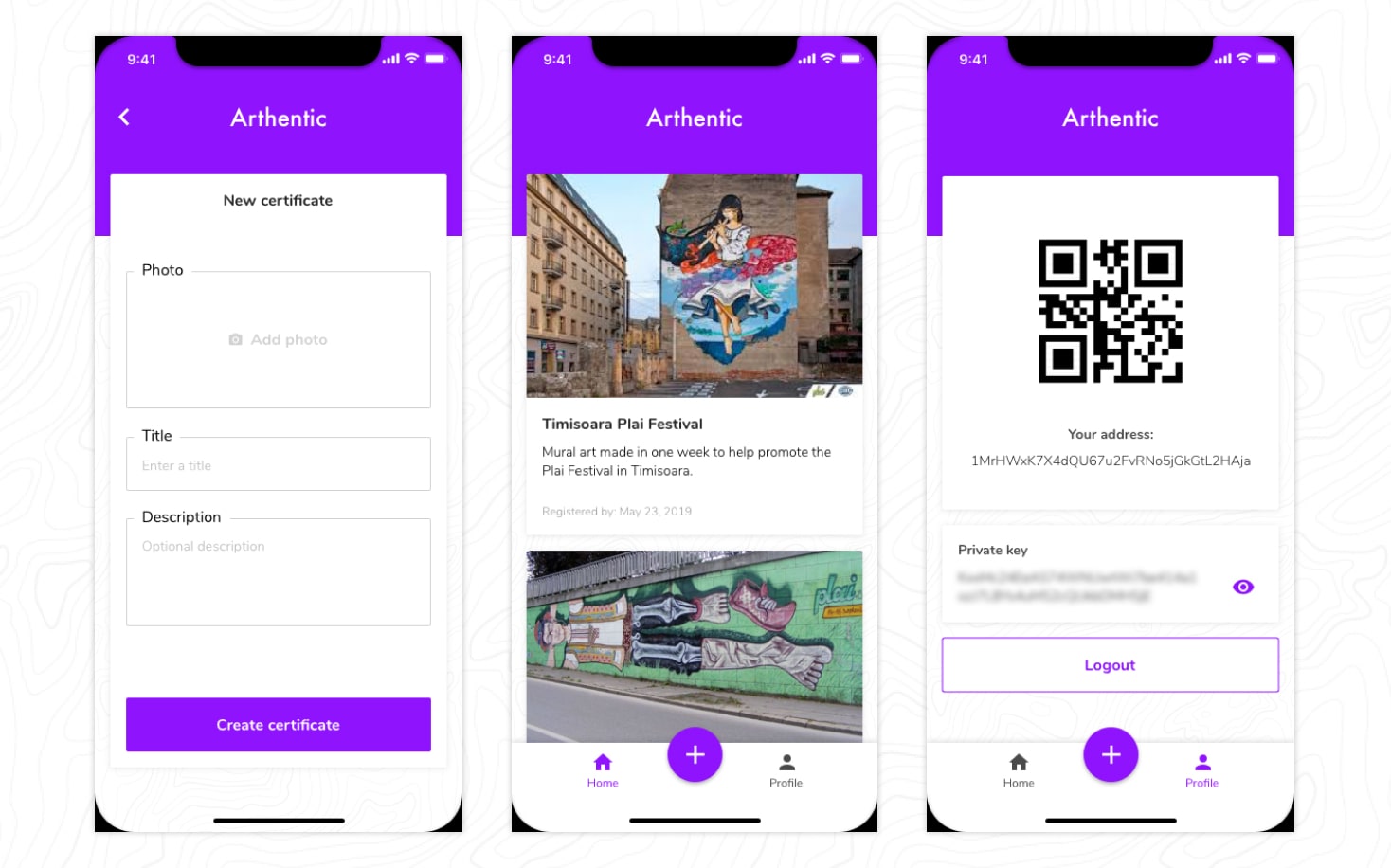 Arthentic's main screens